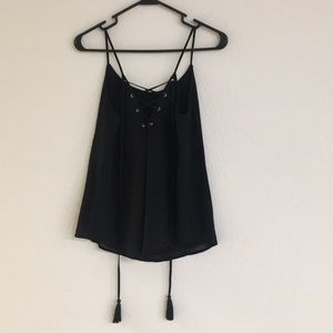 Black cami tie front with long tassels
